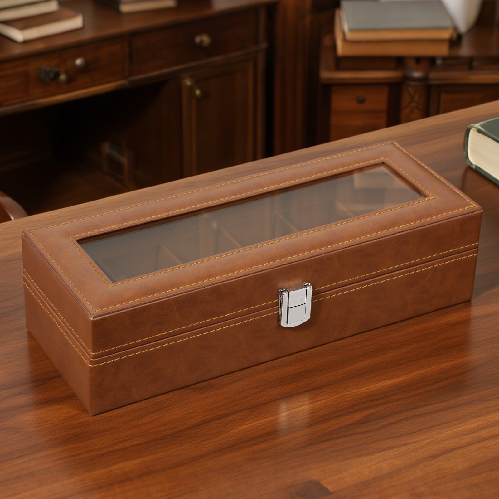 6 Slots Watch Box – PU Leather Case with Glass Lid, Display & Storage Organizer