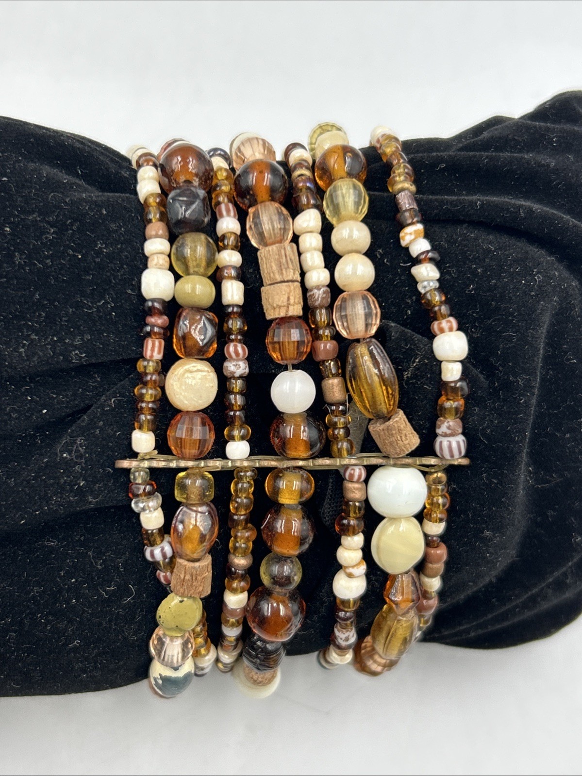 brass & brown seed bead pebble chip memory Stretch cuff bracelet 1.75″ wide