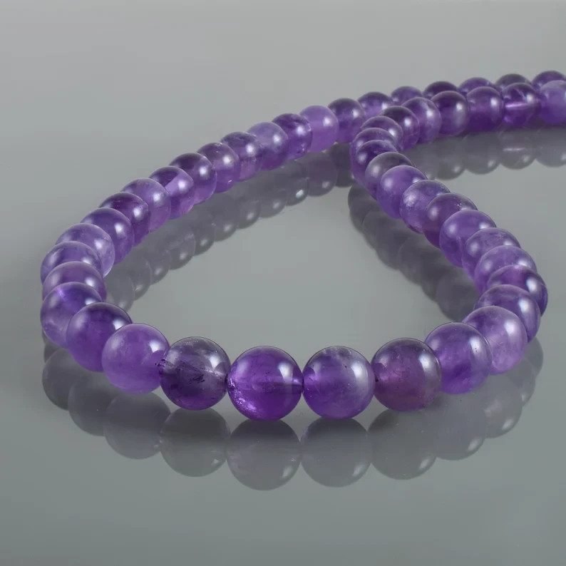 Natural Purple Amethyst 8mm Round Beaded Necklace 925 Silver Handmade Gift 18″