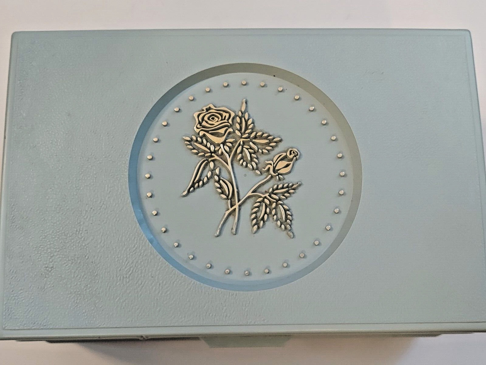 Rare Vintage 1960s Plastic Jewelry Box, blue Interior, gold Roses on Top