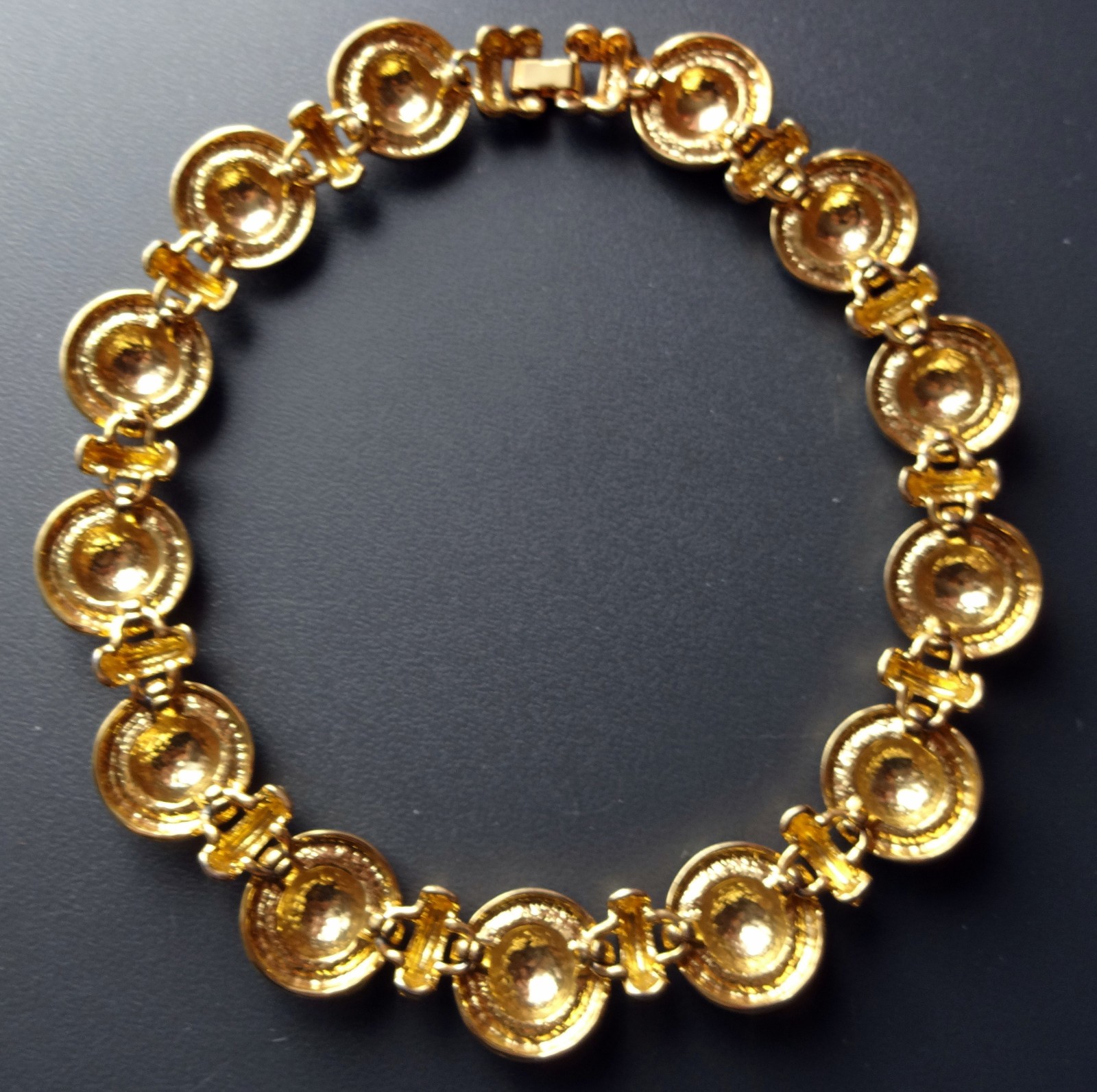 Vtg 70-80s Designer Brite Gold Tone Heavy Wide Button/Coins Choker Necklace RARE