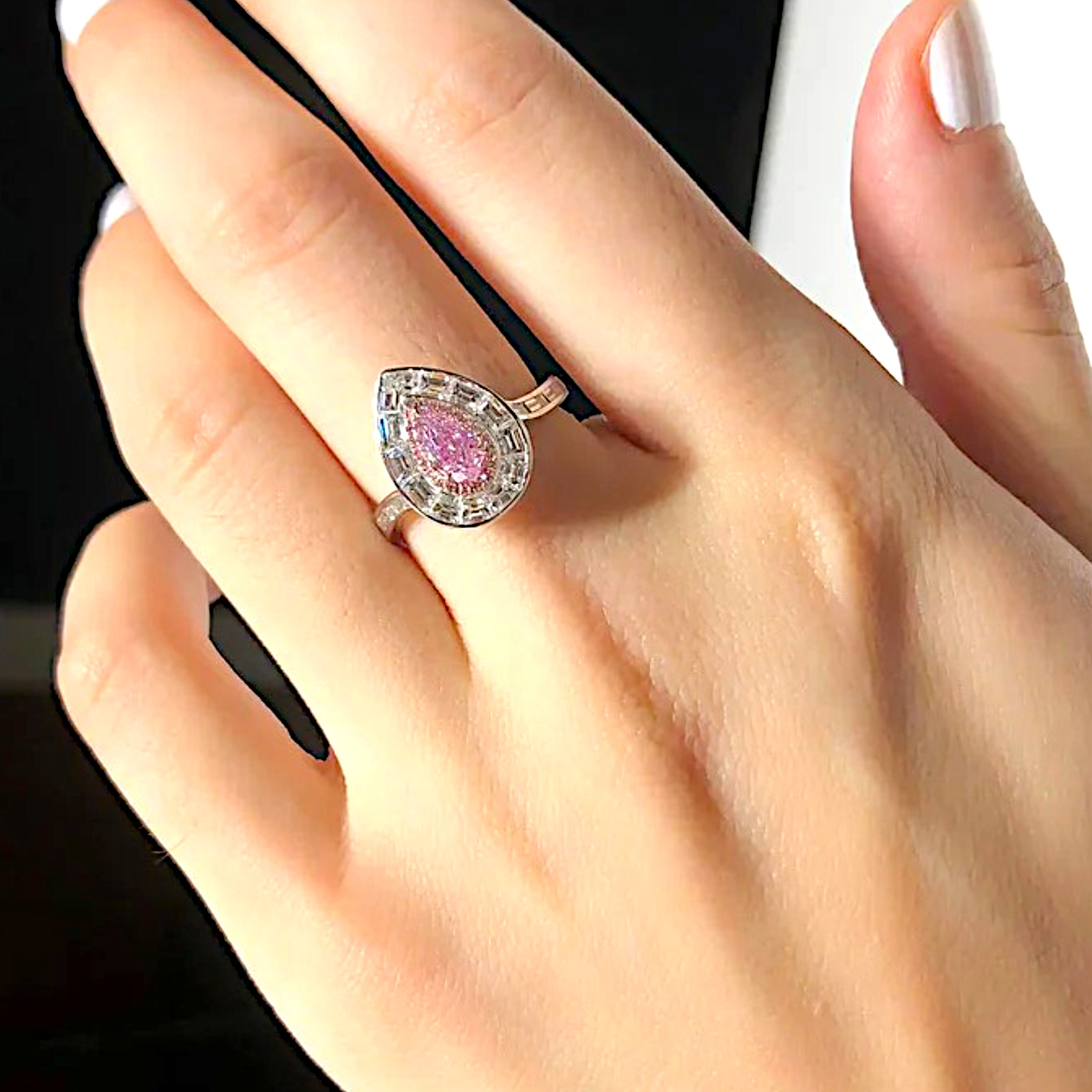 3.65 Carat Fancy Vivid Pink Pear Cut IGI Lab Created Diamond Ring 14k Multi Gold