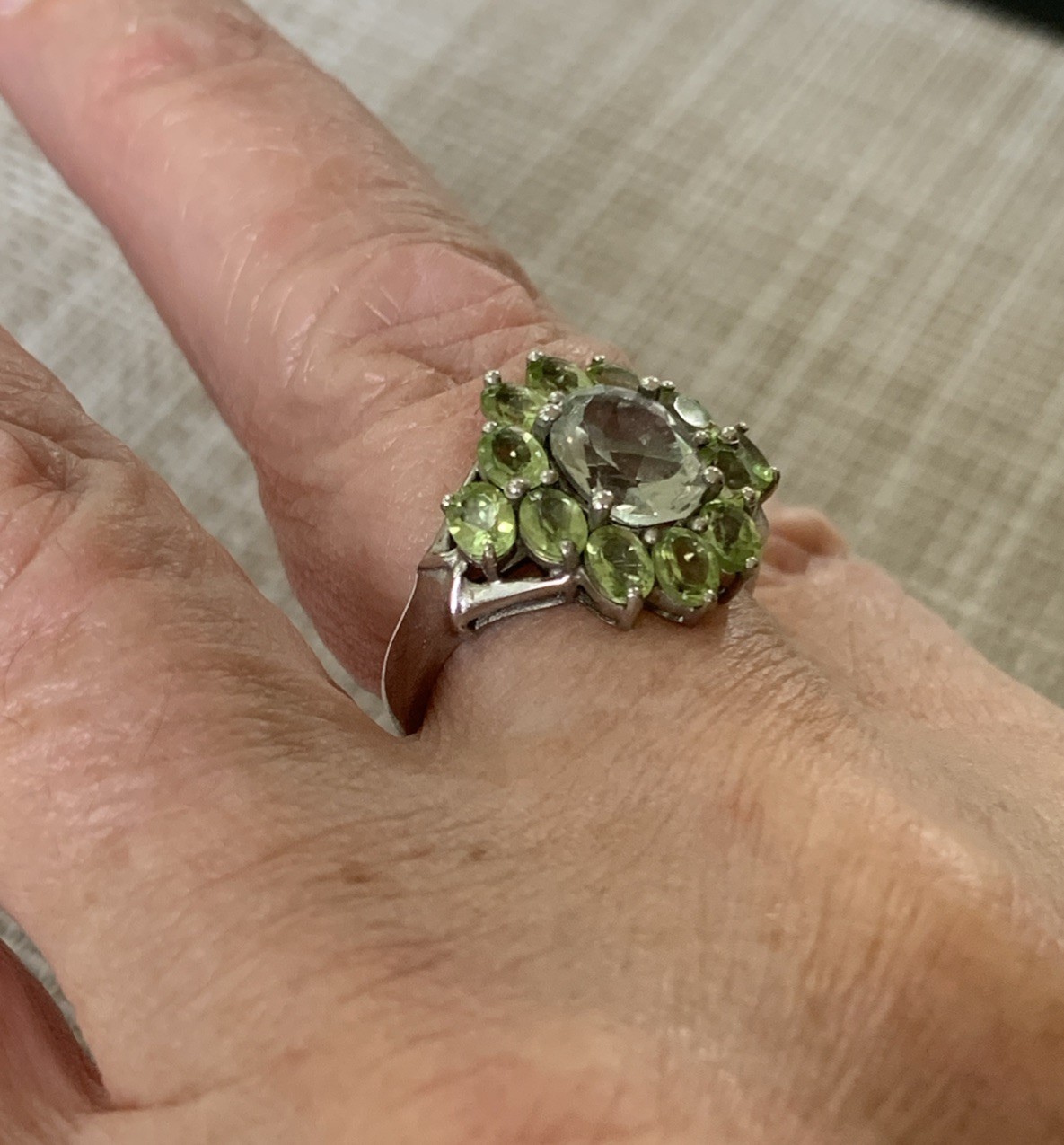 Karis STS Clear Amethyst Green Peridot Cocktail Ring Size 7.75
