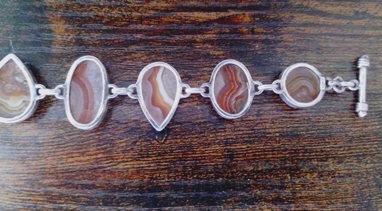 Natural SJ Red Banded Agate Stone Sterling Silver Sajen Toggle Bracelet 7-9in