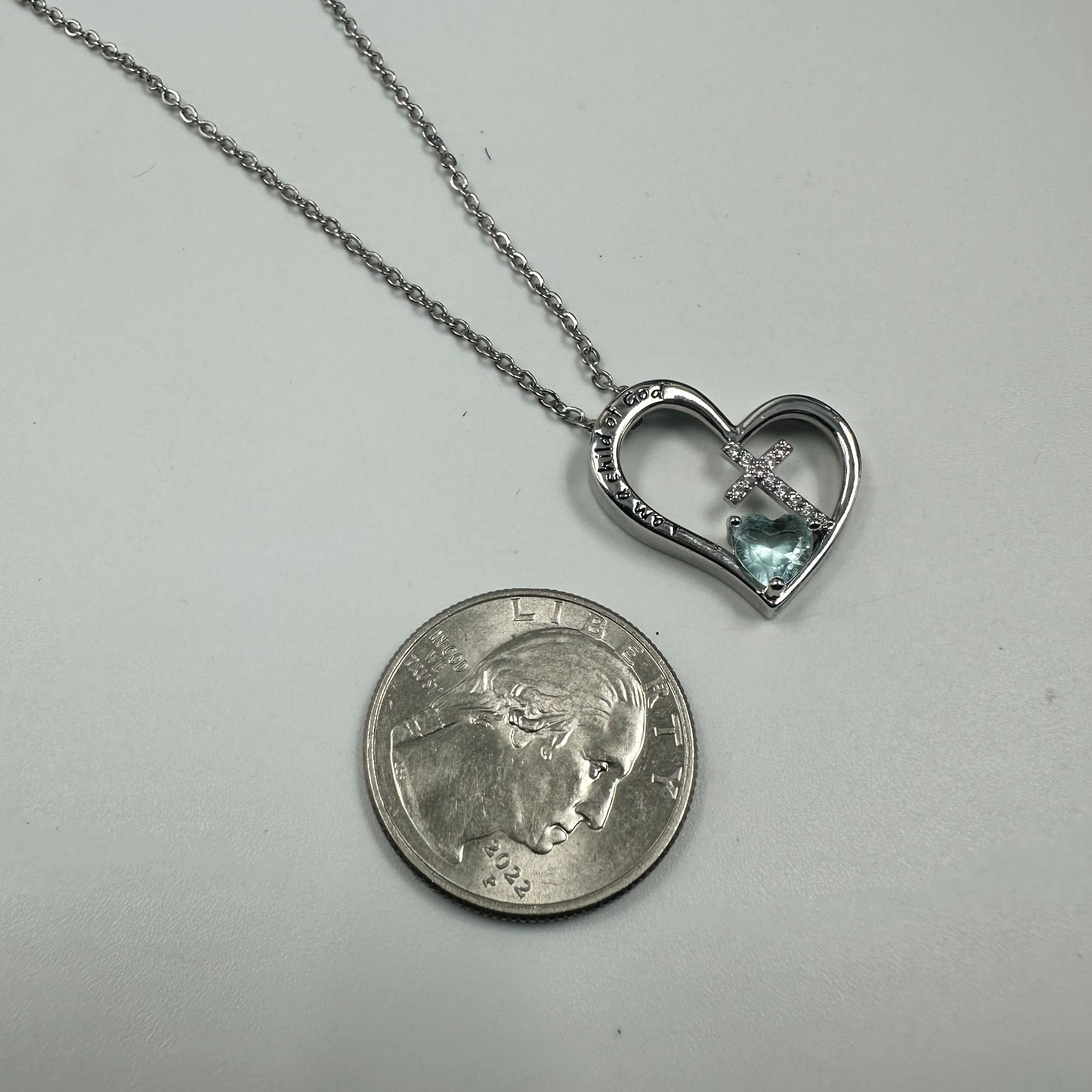 I Am A Child of God Heart Necklace Silver Tone Cross Blue Stone Accent 17 Inches