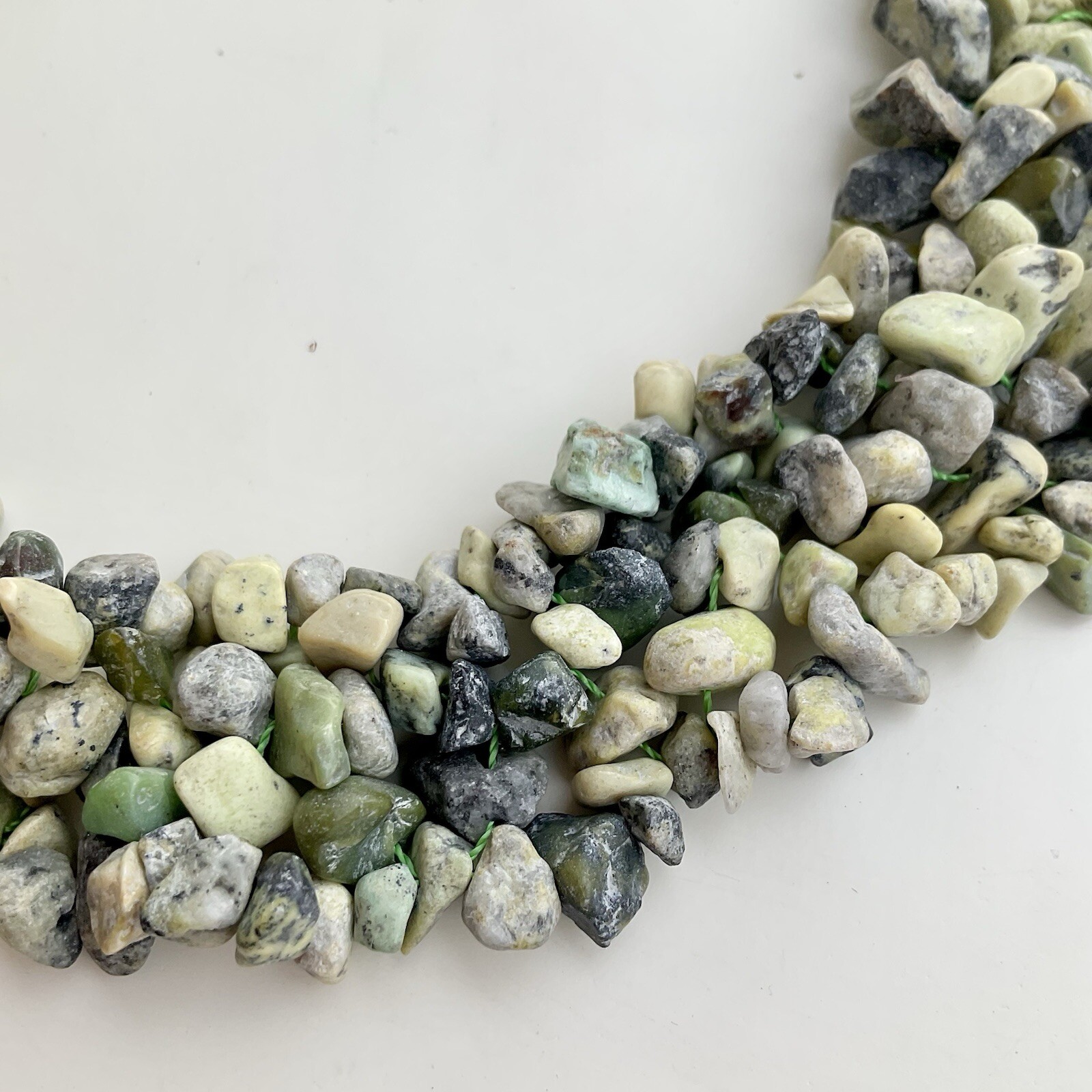 Handcrafted Green & Beige Chipped Gemstone Collar Statement Necklace, 17 Inches