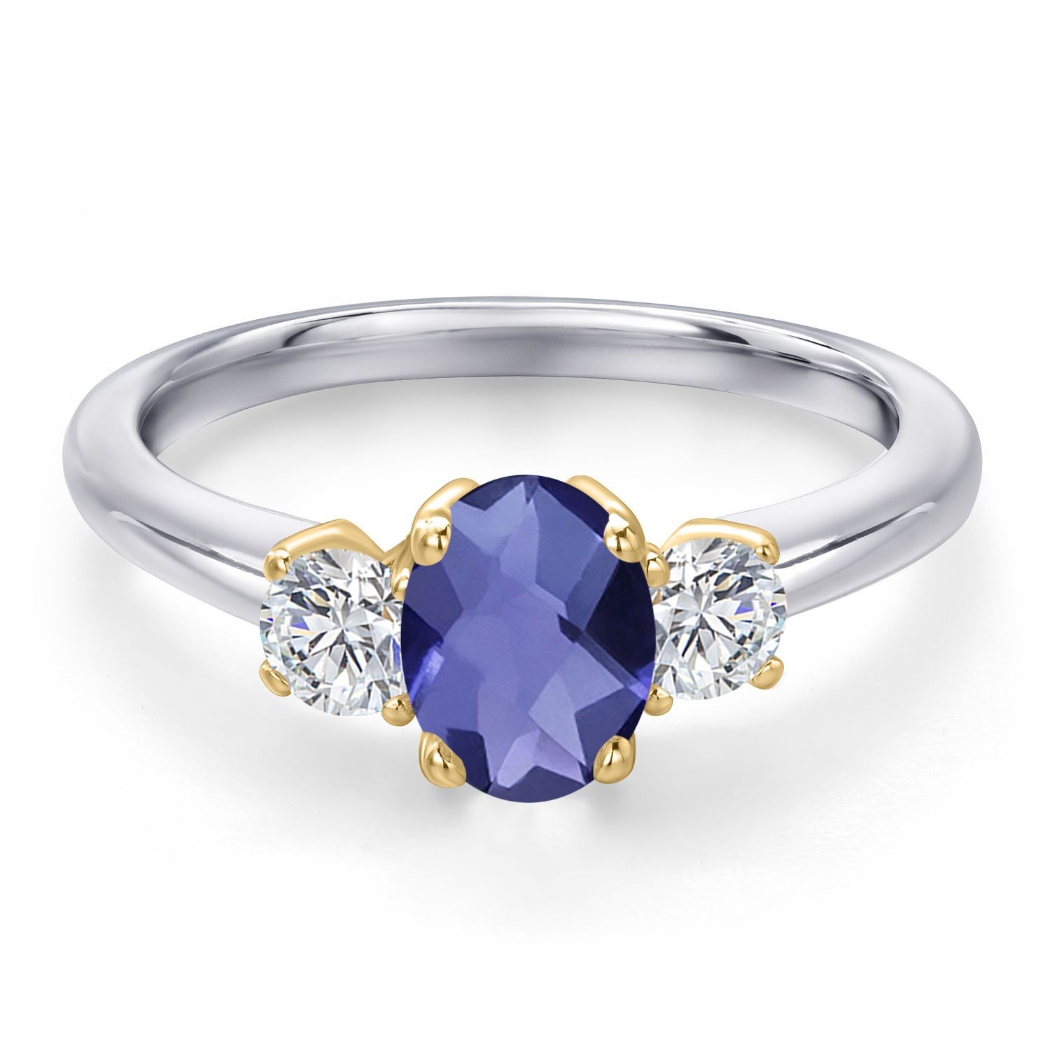925 Silver and 10K Yellow Gold Blue Iolite and Lab Grown Diamond Engagement