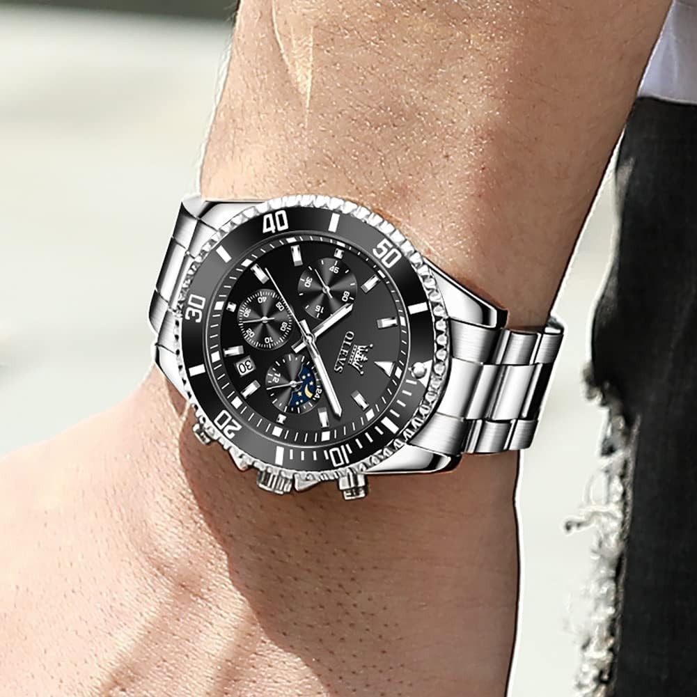 Moon Phase Men’s Watch – Luxury Waterproof Chronograph with Crystal Dial