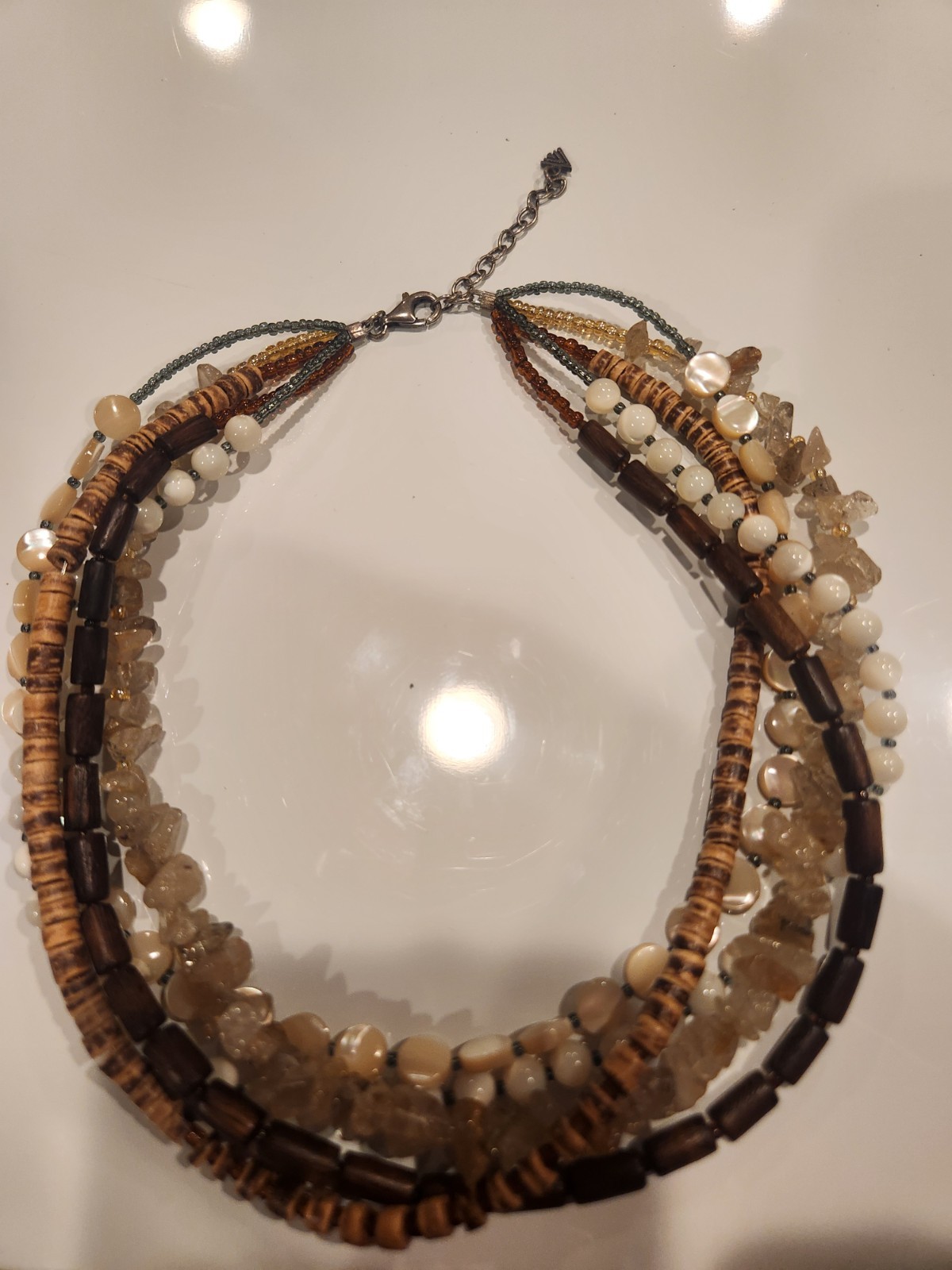 Silpada Sterling Silver 5 Strand Mop Quartz Wood Shell Necklace 17 In