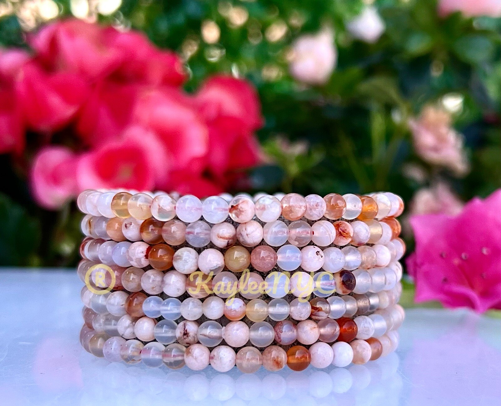 Wholesale Lot 6 Pcs Natural Flower Agate 4mm 7.5” Crystal Stretch Bracelet