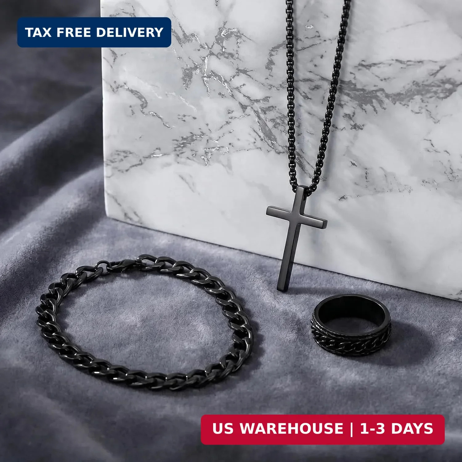 3-Piece Cross Pendant Necklaces Bracelets Rings Jewelry Sets for Men Women,Cuban
