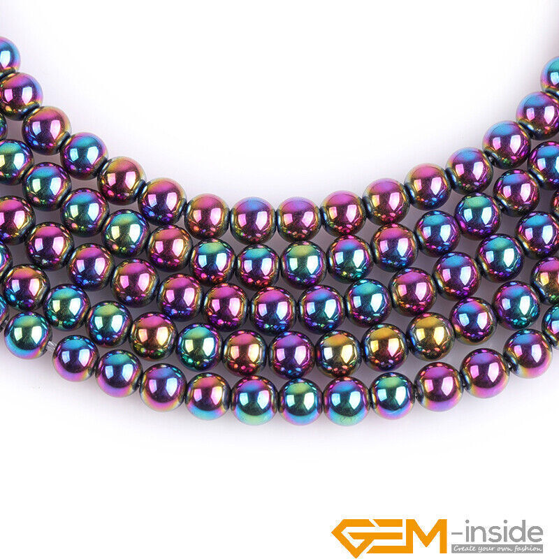 Rainbow Metallic Coated Reflections Hematite Round Spacer Beads 15″Bulk 2mm-12mm