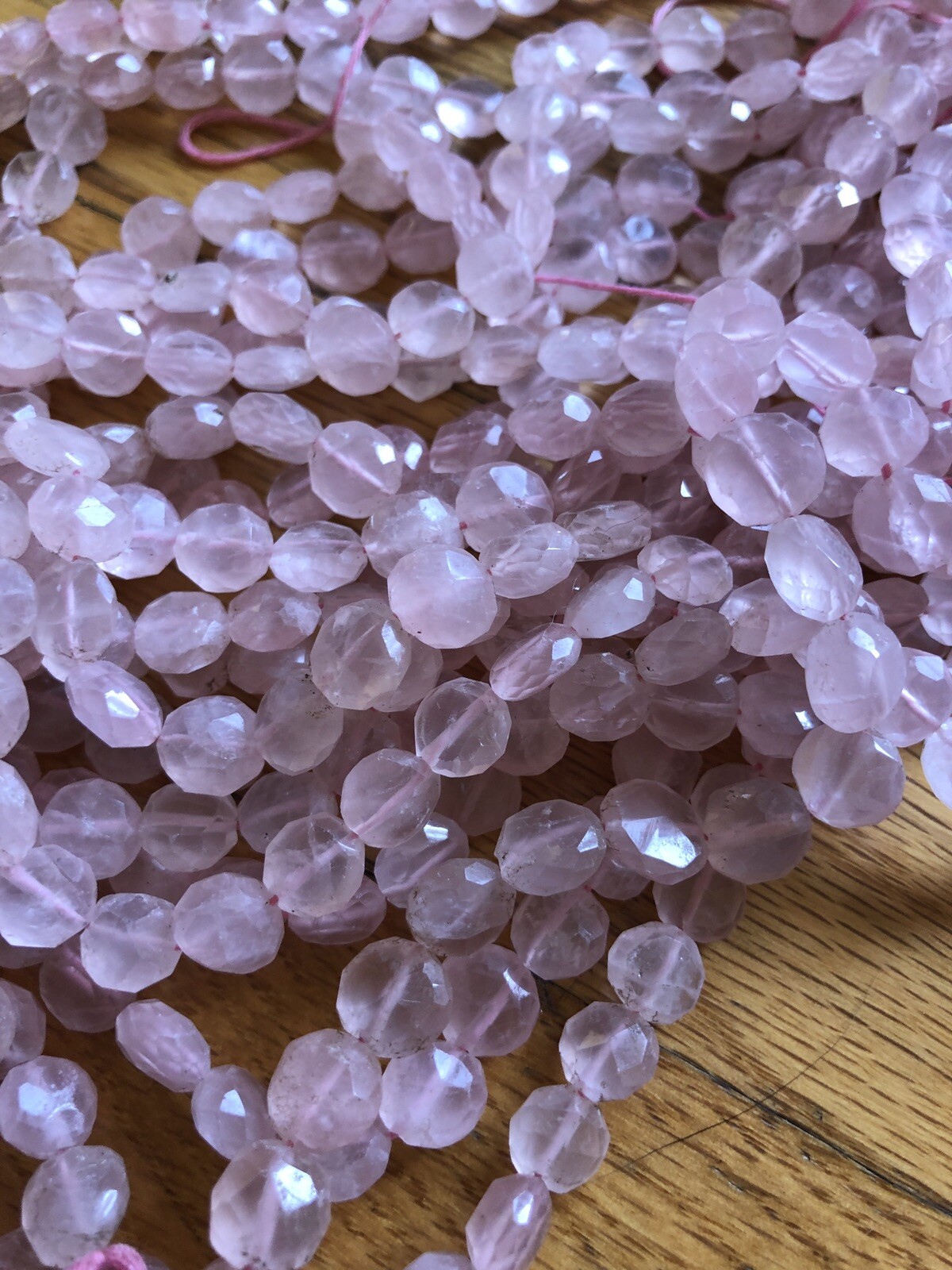 Old Stock 14 In Strand Natural Rose Quartz Gemstone Faceted Coin Pink Beads 8mm