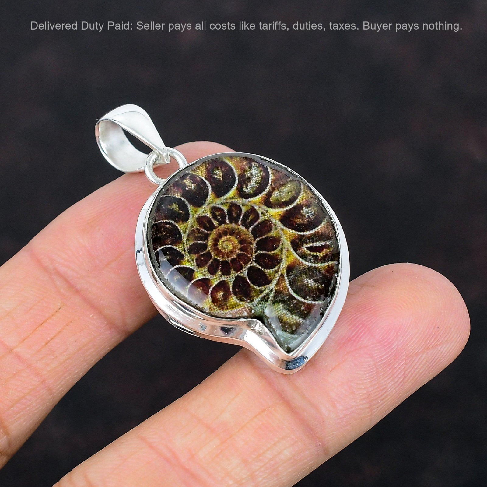 Ammonite Fossil Pendant 925 Sterling Silver Jewelry Natural Gemstone Pendant