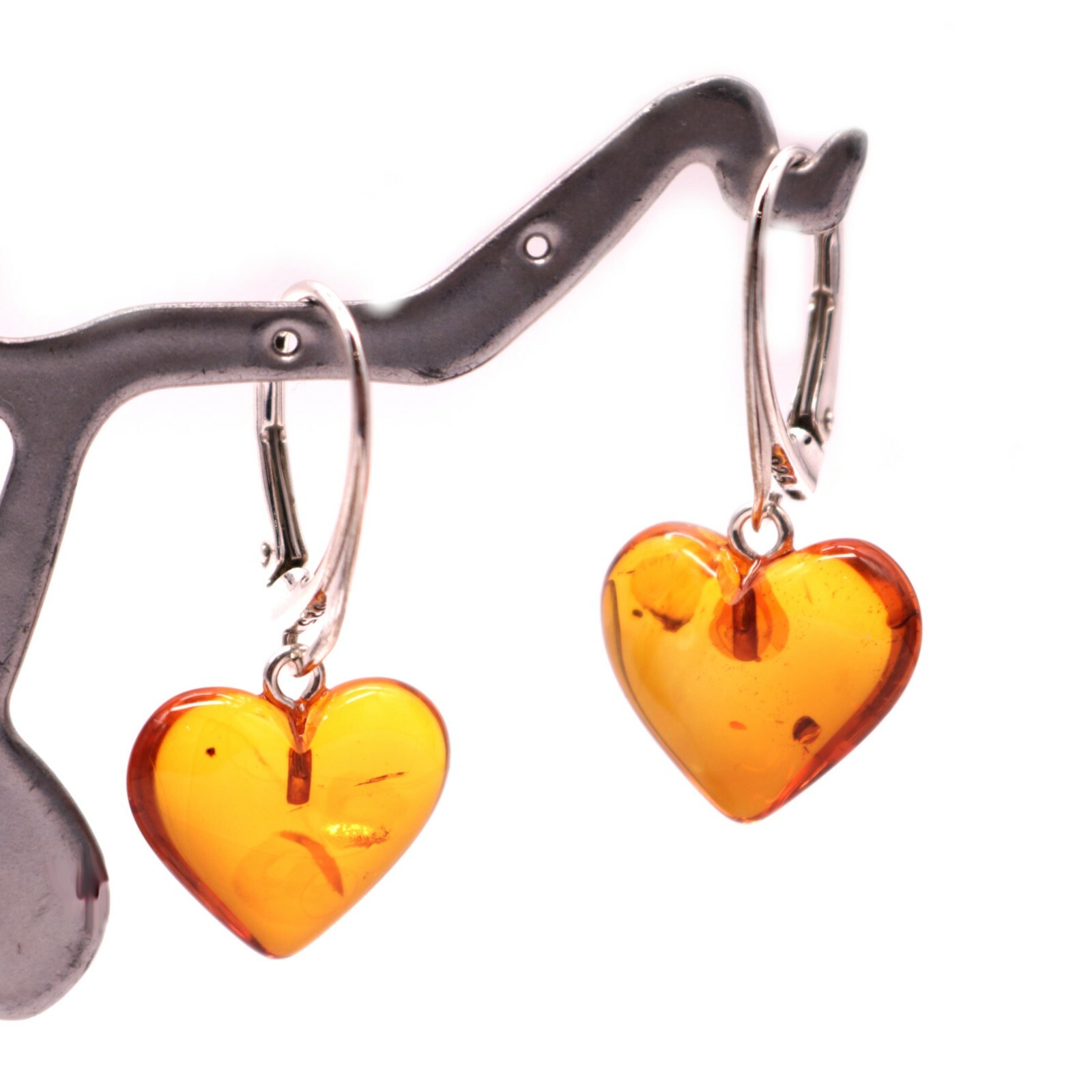 Heart Shape Baltic Amber Dangle Earrings Cognac Color Sterling Silver 925