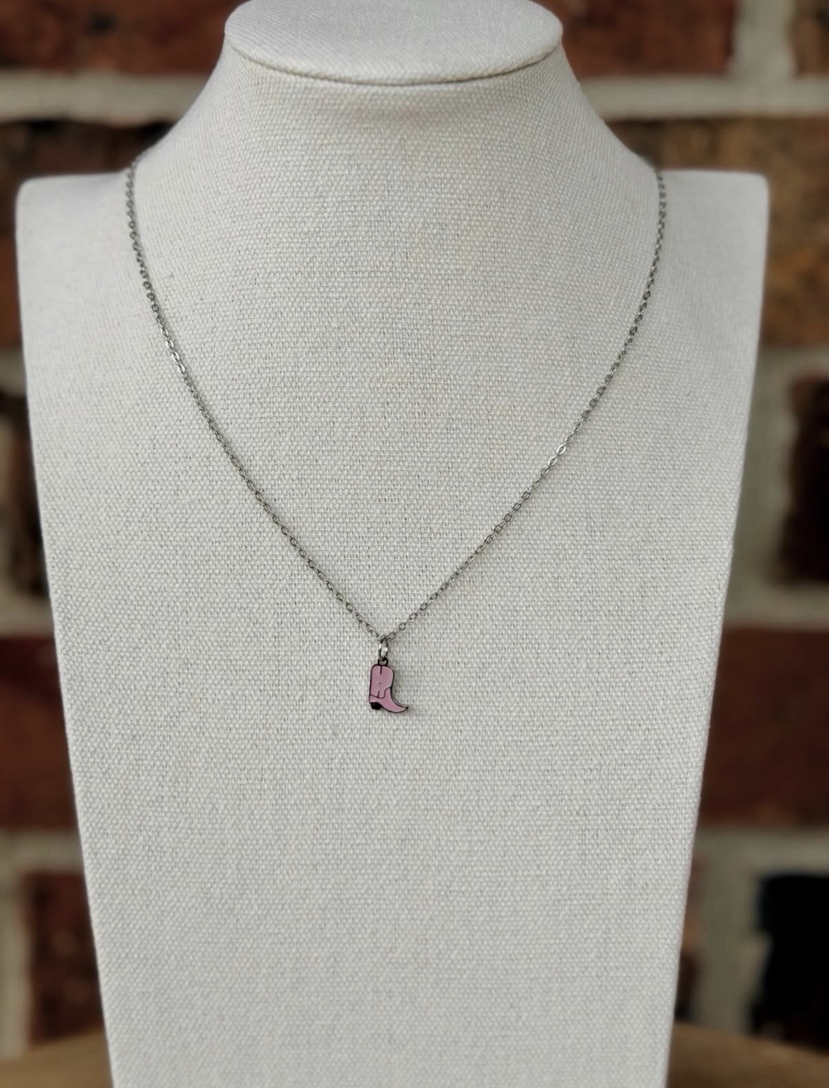 Pink Cowgirl Stainless Steel Boot Charm Necklace