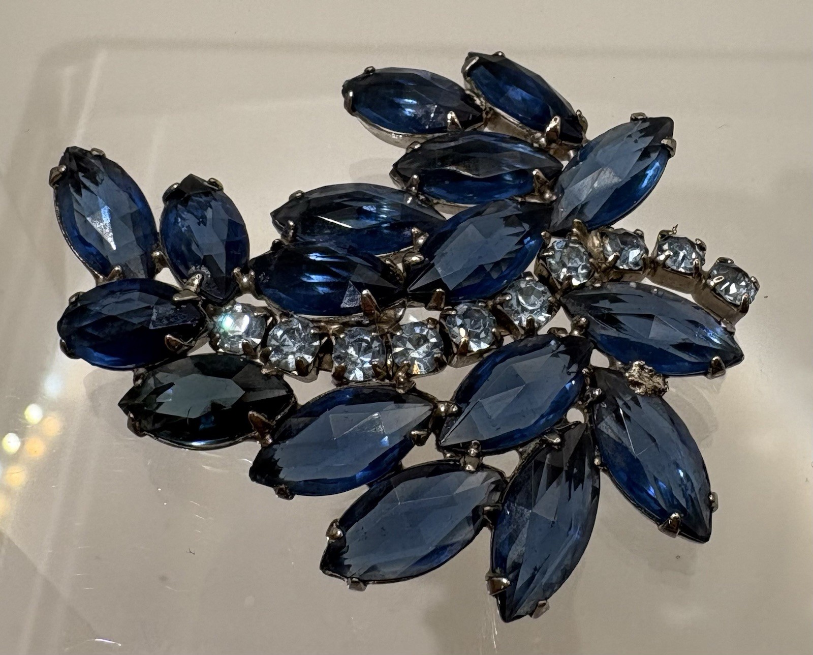 Vintage Blue Navette Rhinestone Brooch Silvertone Floral Spray Juliana Style