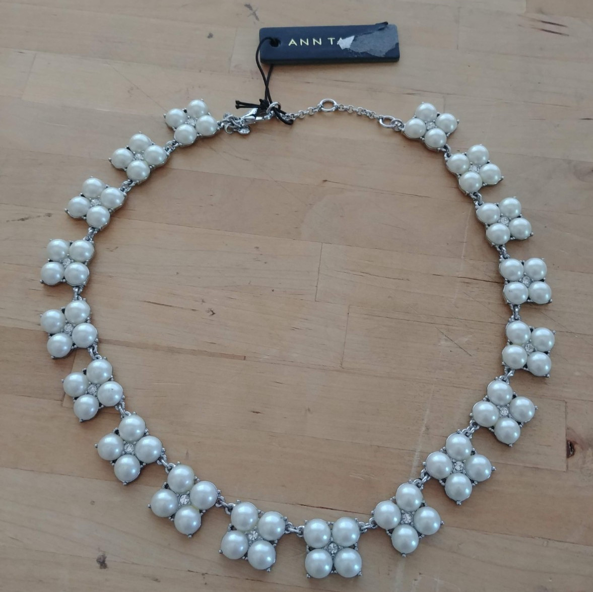 Ann Taylor Faux Pearl & Rhinestone Choker Statement Necklace 18″ Adjustable NWT