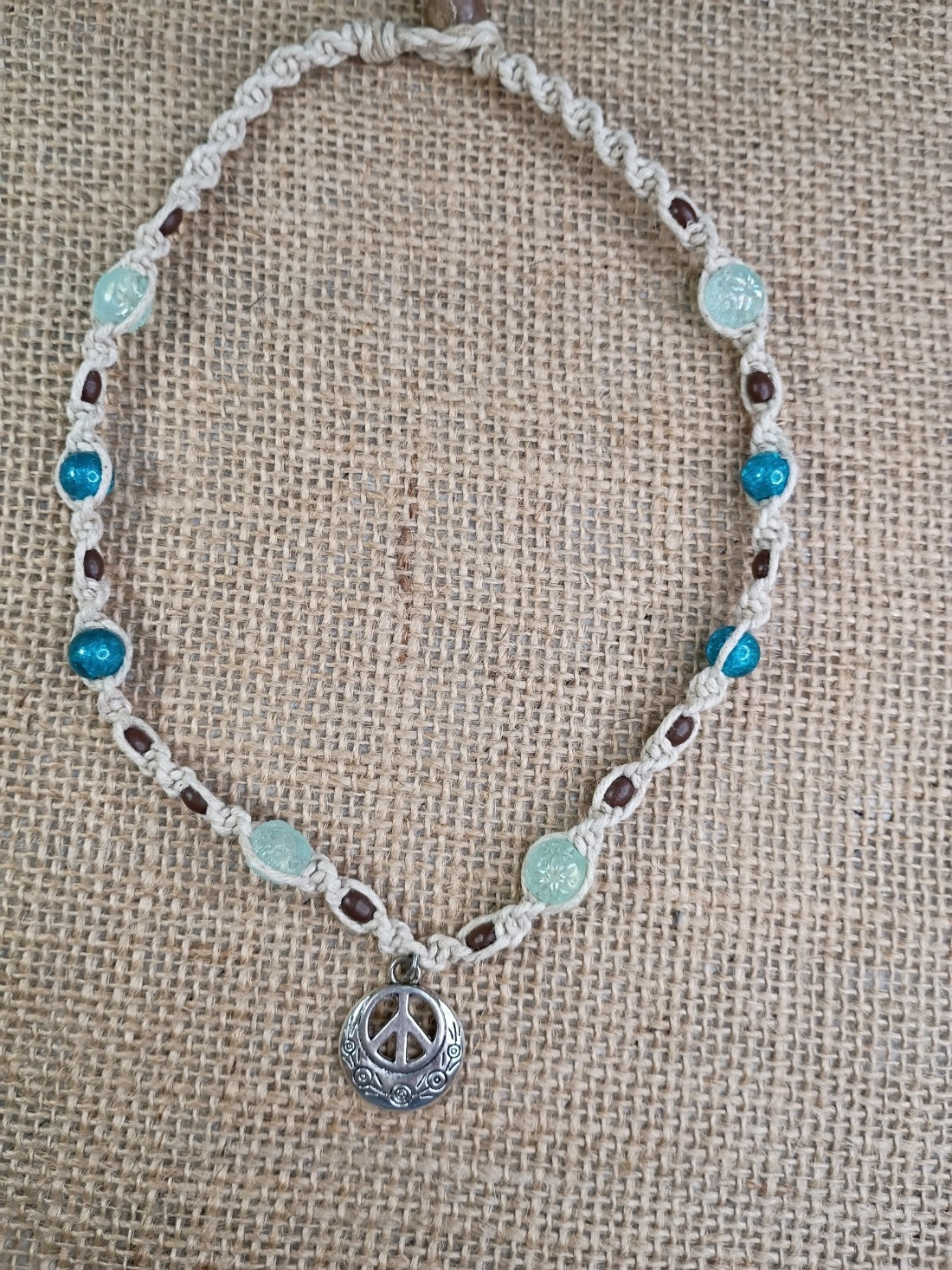 New Natural Hemp Necklace W/ Peace Sign Charm & Mixed Beads 16 in Twist Macrame