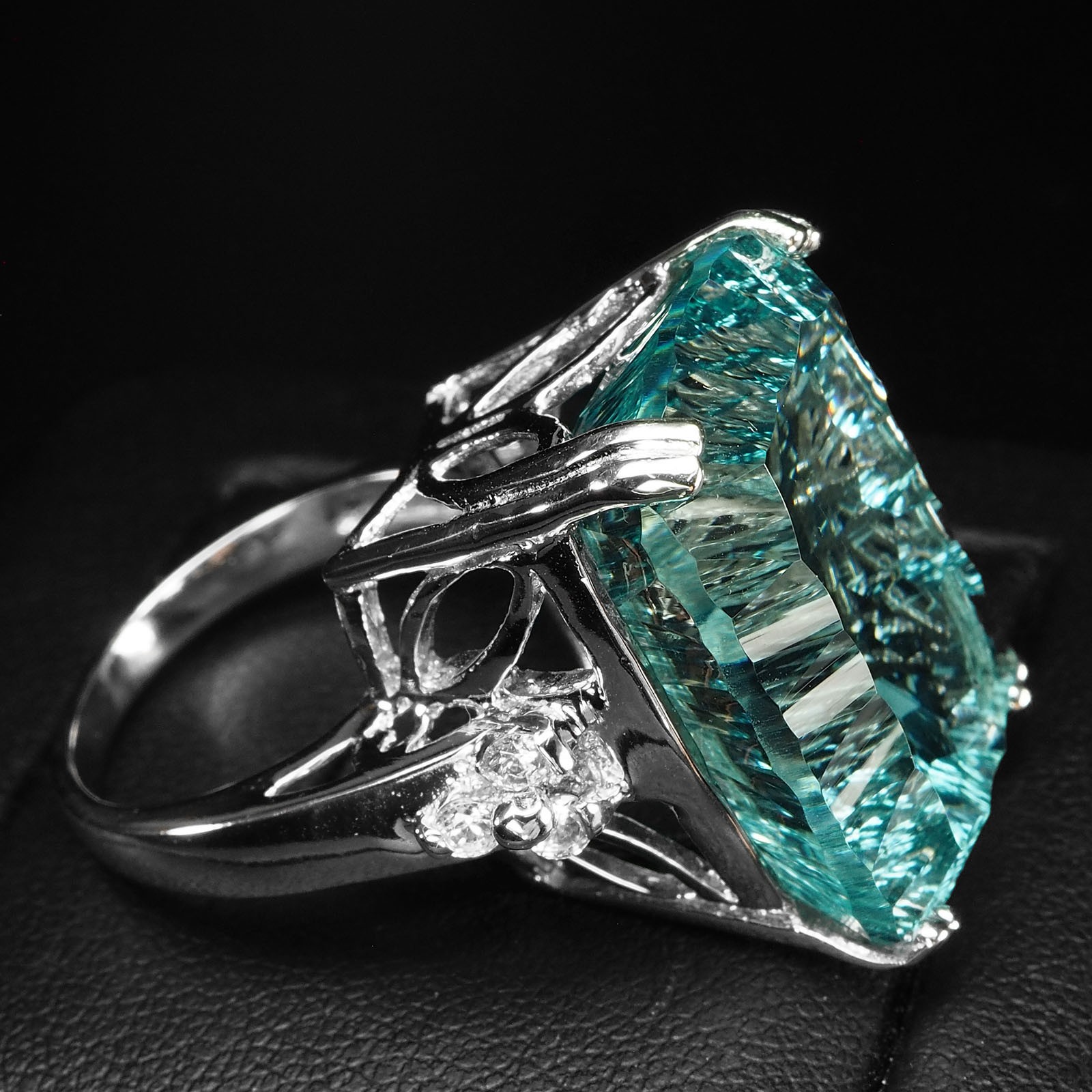 Velvety Sea Blue Aquamarine Concave 28.40Ct 925 Sterling Silver Handmade Rings