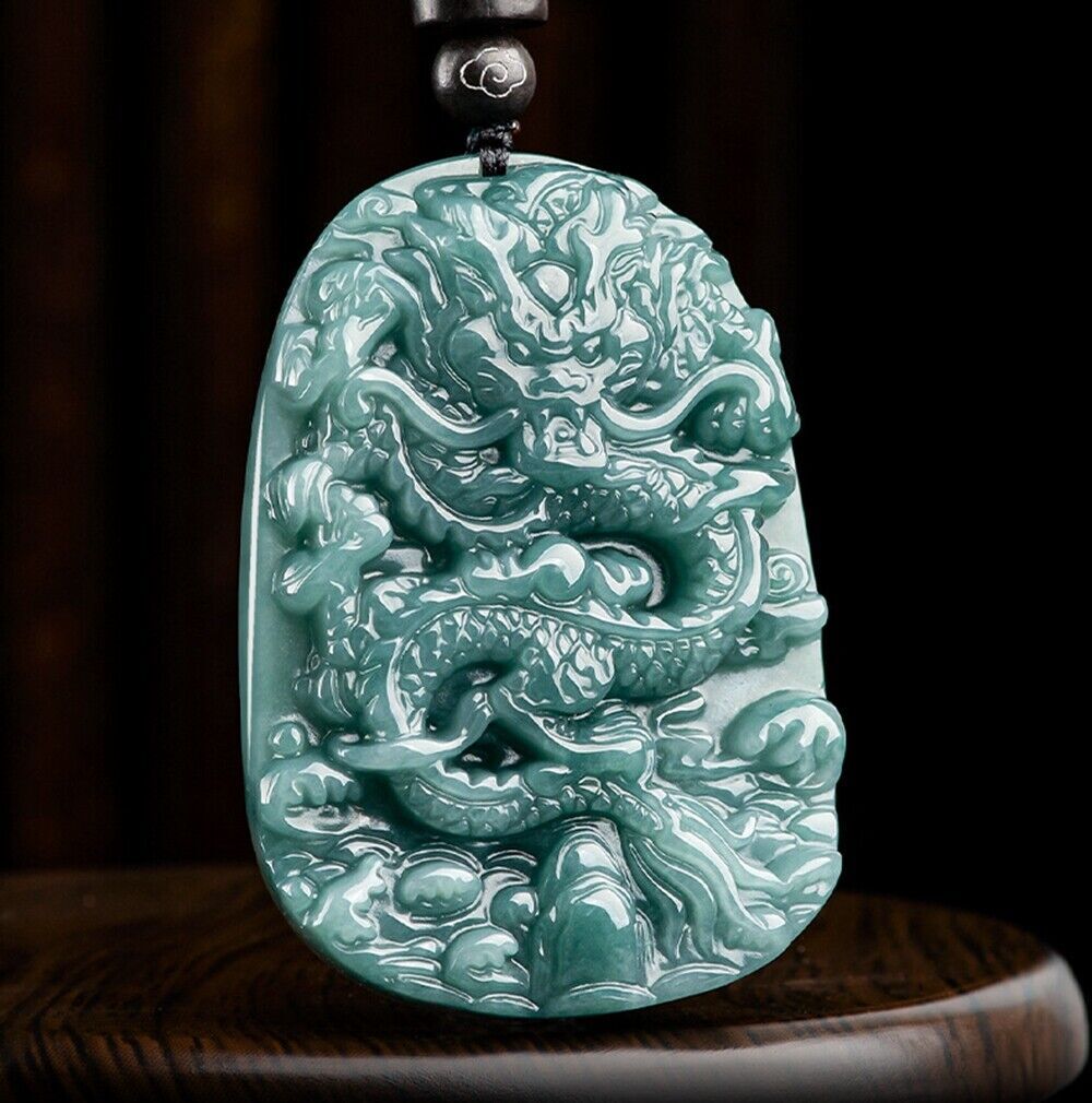 Certified Natural Ice Green Burma A Jade jadeite Dragon Lucky Pendant Necklace
