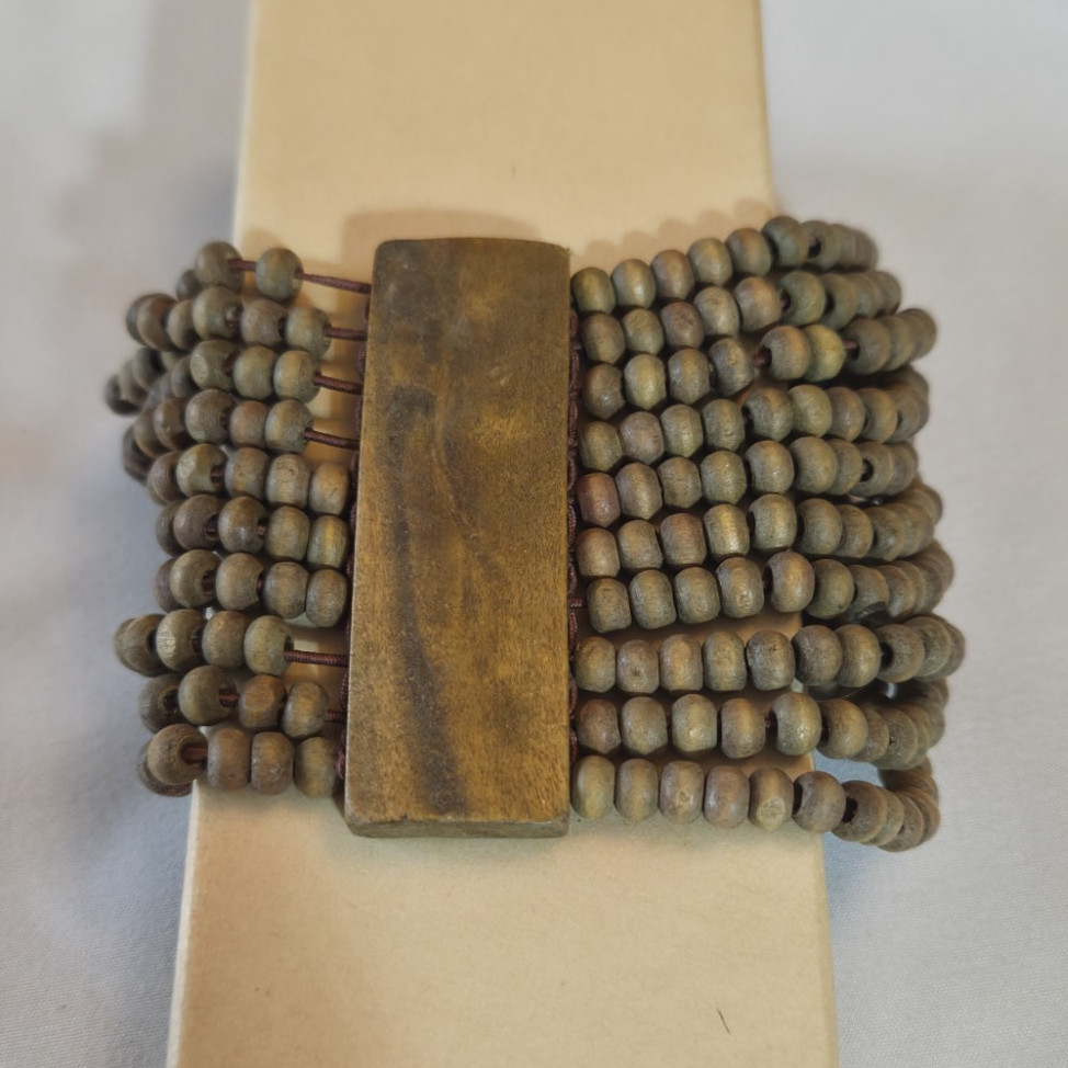 Multi-Strand Brown Wood Bead Stretch Slip-On Cuff Bracelet w/ Metal Accent