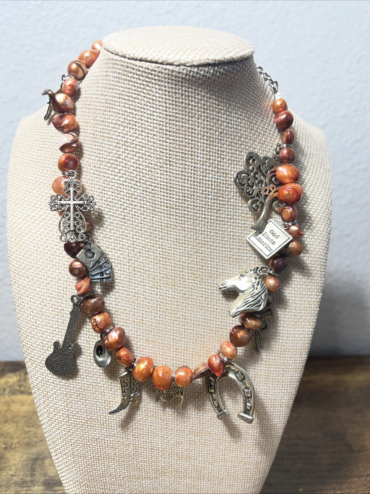 Handmade Necklace Charms Silvertone Boot, Horse, Guitar, Cross Statement
