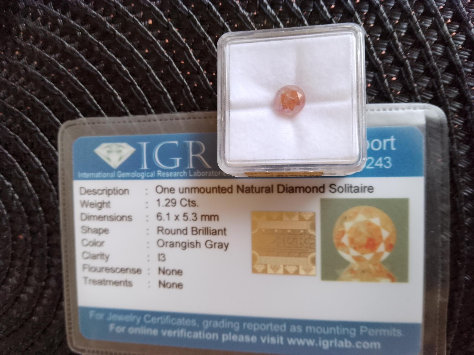 1.29ct NATURAL LOOSE Round Brilliant Cut DIAMOND, Orangish Grey, IGR Report