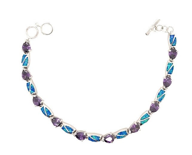 Amethyst & Blue Opal Inlay 925 Sterling Silver Link Tennis Bracelet 7.5 – 8”