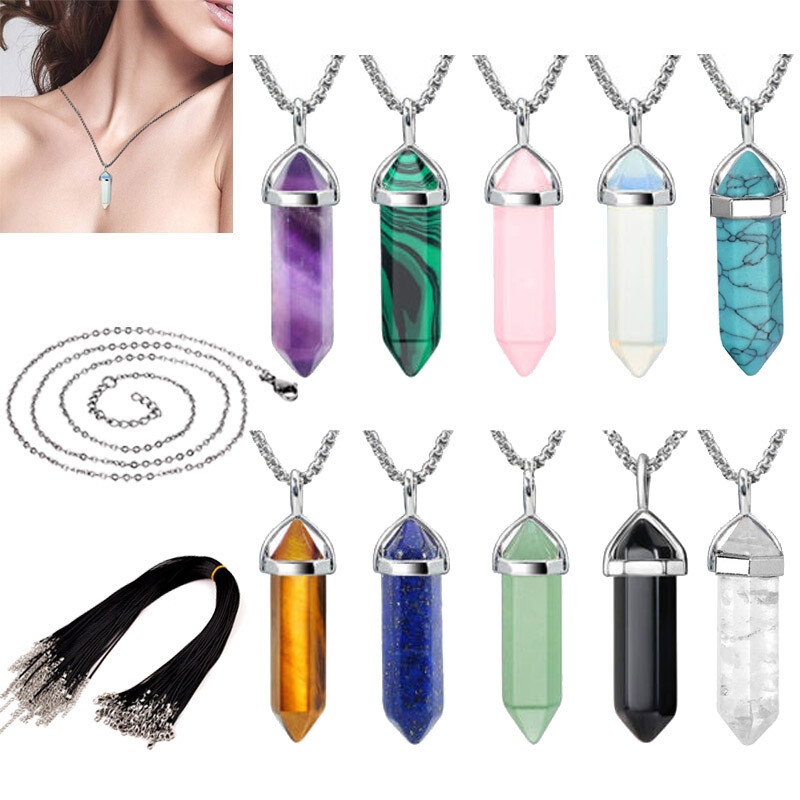 1Pc Healing Crystal Pendant Natural Chakra Quartz Stone Charm Hexagonal Necklace