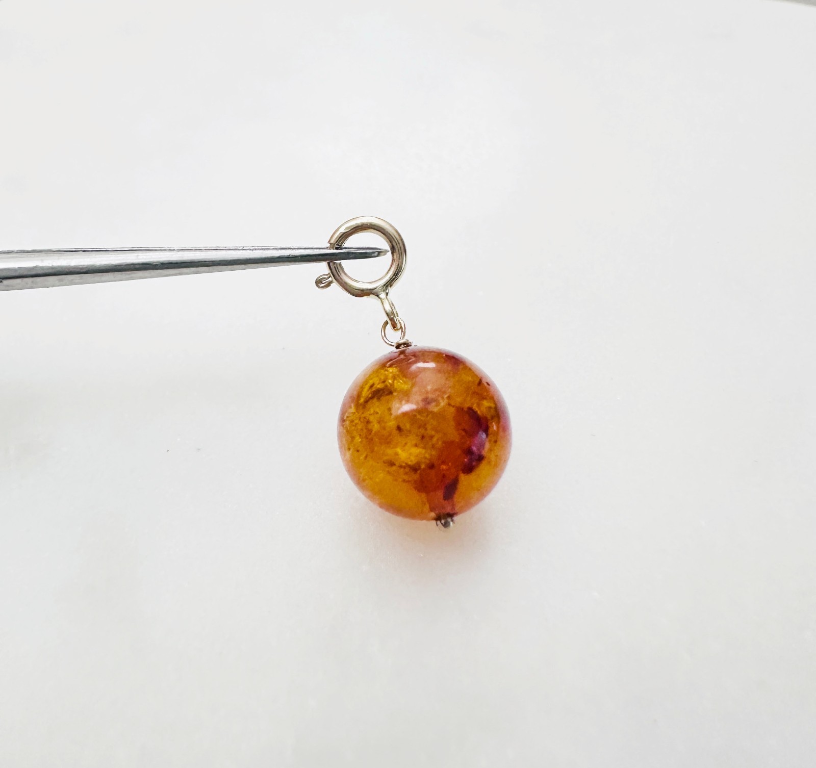 14K Solid Yellow Gold 9mm Round Cognac Baltic Amber Charm Pendant w/Spring Clasp