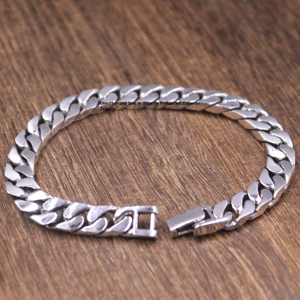 Pure S925 Sterling Silver Chain Men Women 8mm Curb Link Bracelet 34-35g 7.5inch