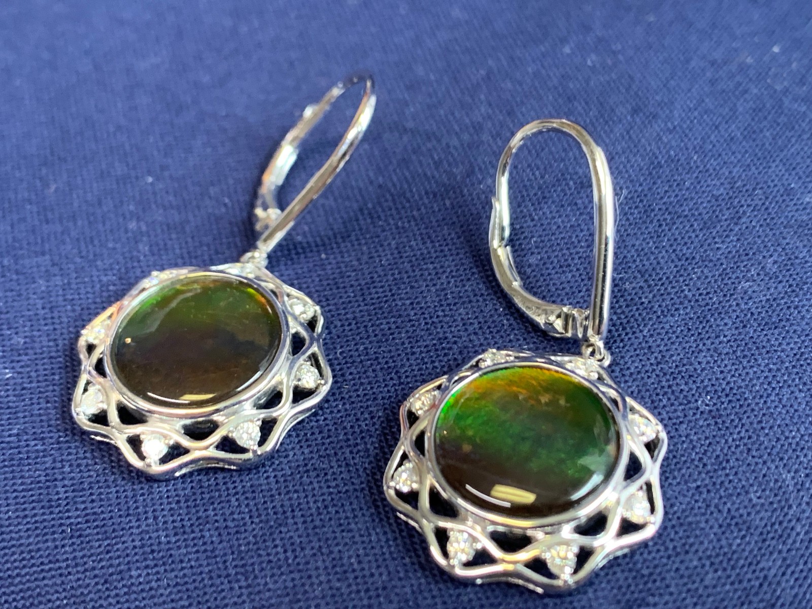 14K White Gold Iridescent Ammolite Earrings 9.54g Jewelry Clear Stones *READ*