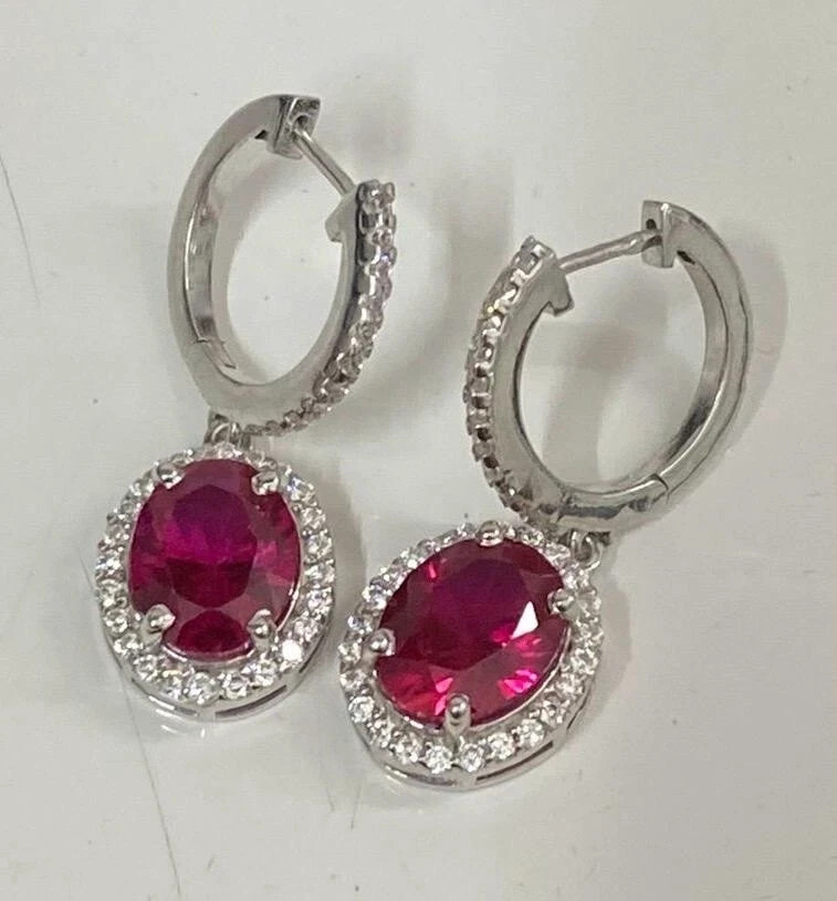 5.60 Ct Oval Cut Natural Ruby Diamond Drop 14K Solid White Gold Earring