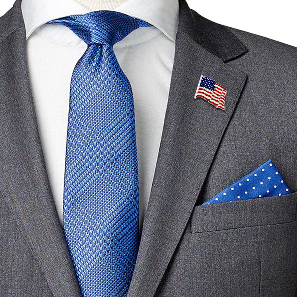 PinMart’s Made in USA Waving American Flag Enamel Lapel Pin – Silver