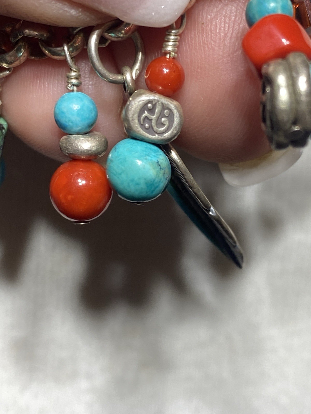 VINTAGE SOUTHWEST TURQUOISE & RED CORAL STERLING SILVER FEATHER CHARM NECKLACE