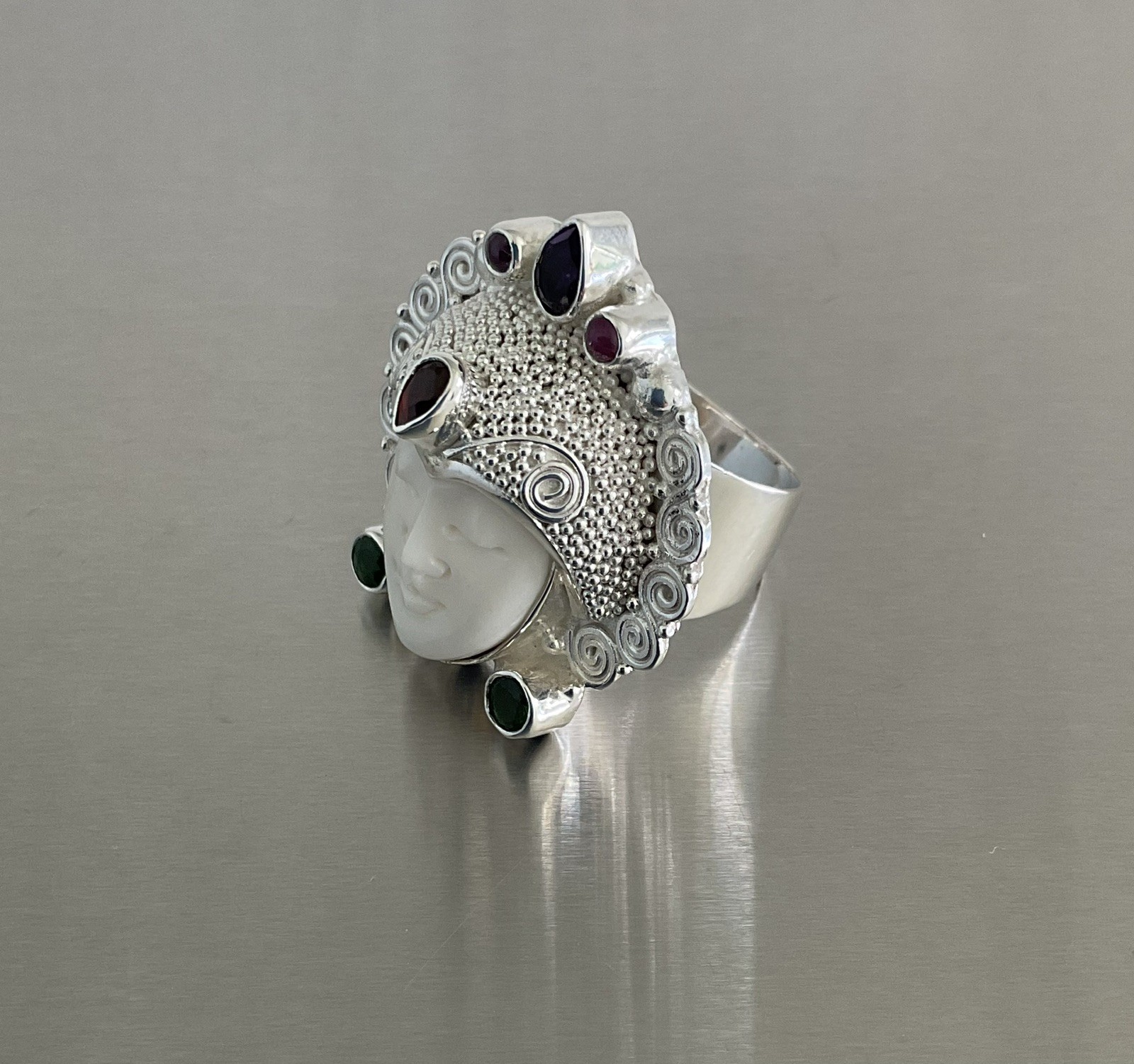 Sajen Silver Carved Goddess Ring Multi Gemstones 925 Sterling Silver Size 9
