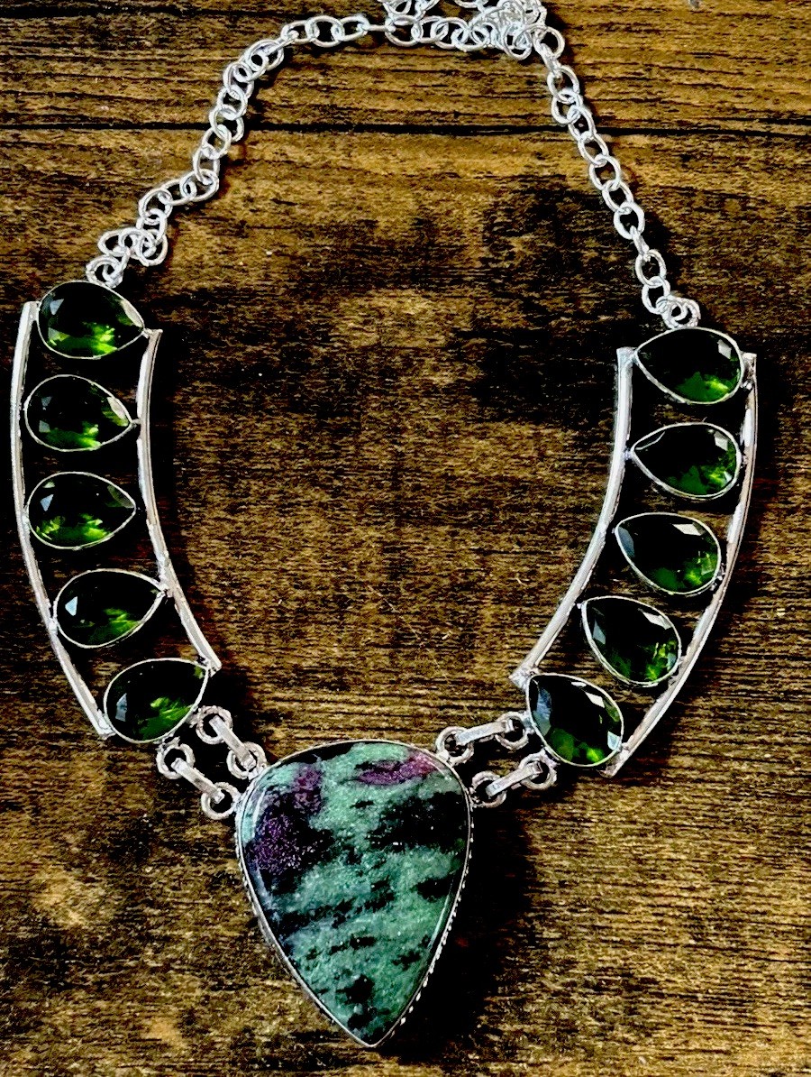 8400. Ruby Zoisite Peridot Gemstone Handmade Big Necklace 925 Silver 47 Gms