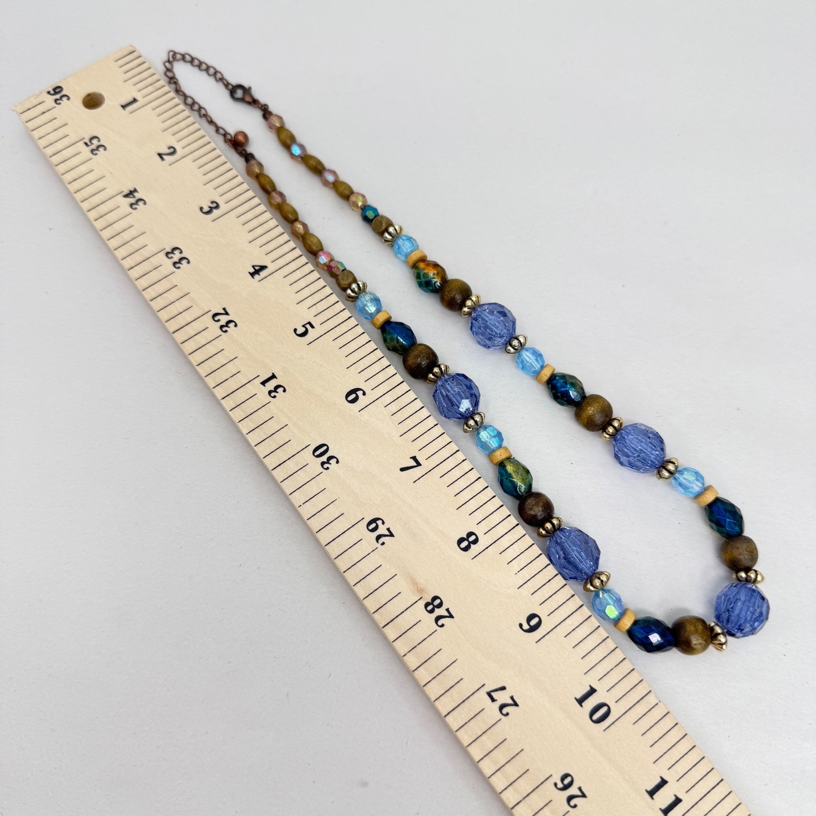Iridescent Beaded Necklace Blue Green Gold Tone Adjustable
