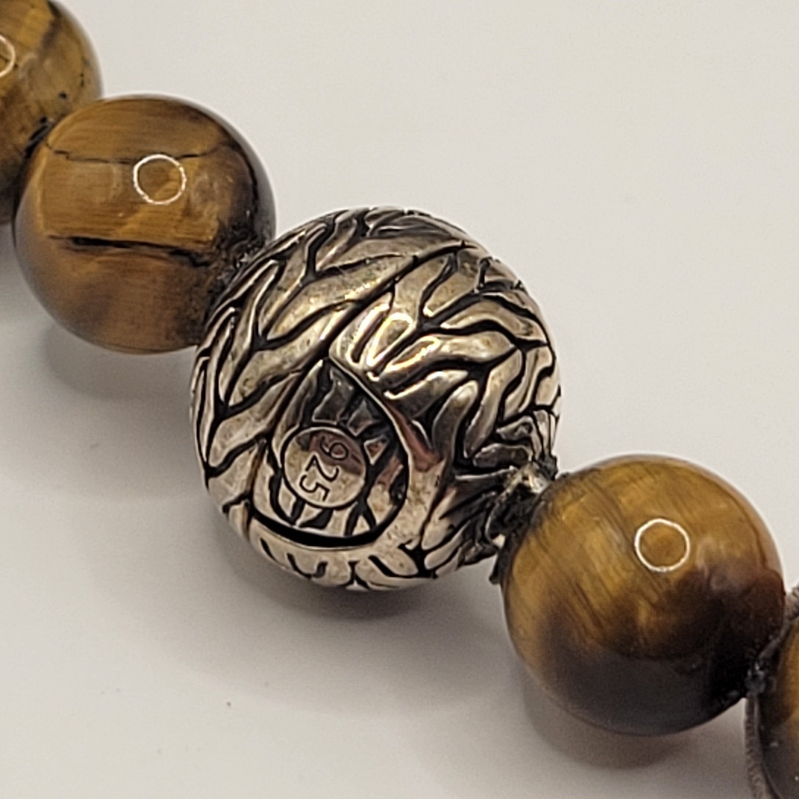 JOHN HARDY Men’s Sterling Silver Bead BRACELET w/8mm Tiger Eye Pusher Clasp SZ L