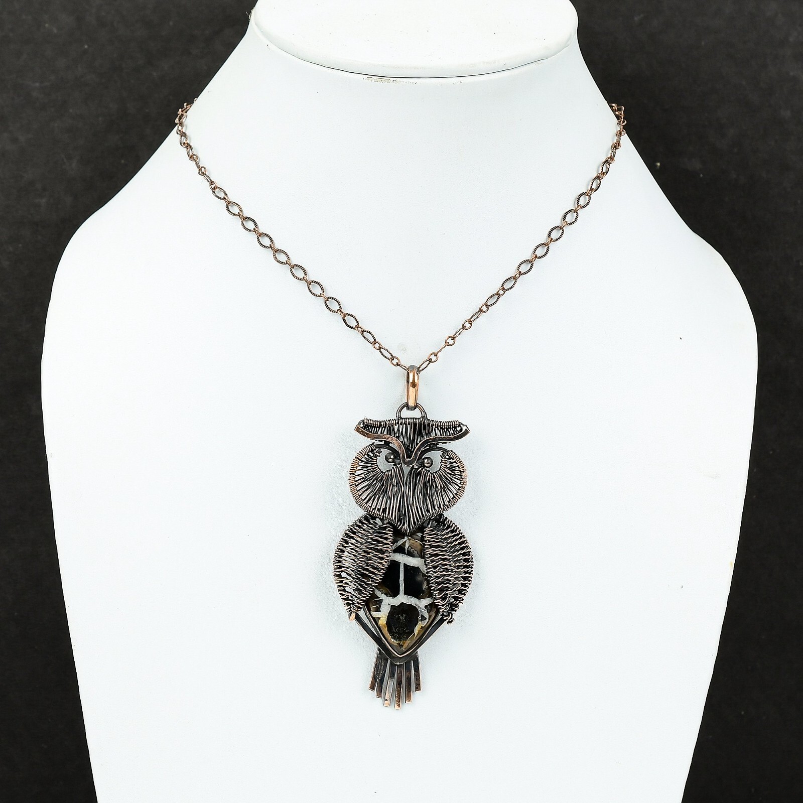 Moroccan Mud Crack Fossil Copper Mother Gift Wire Wrapped Owl Pendant 3.62″