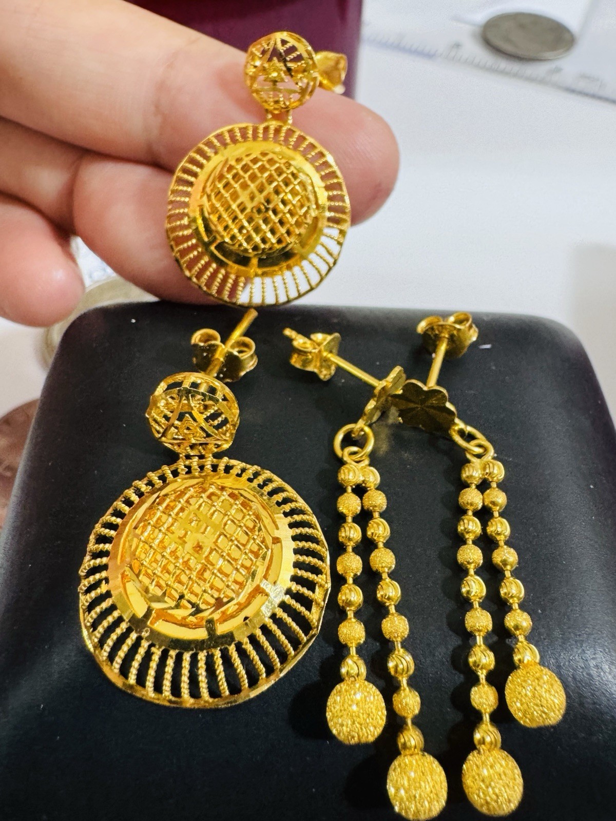 22K 916 Real Gold Unique 2 Set of Earrings Round & Dangle 8.1g
