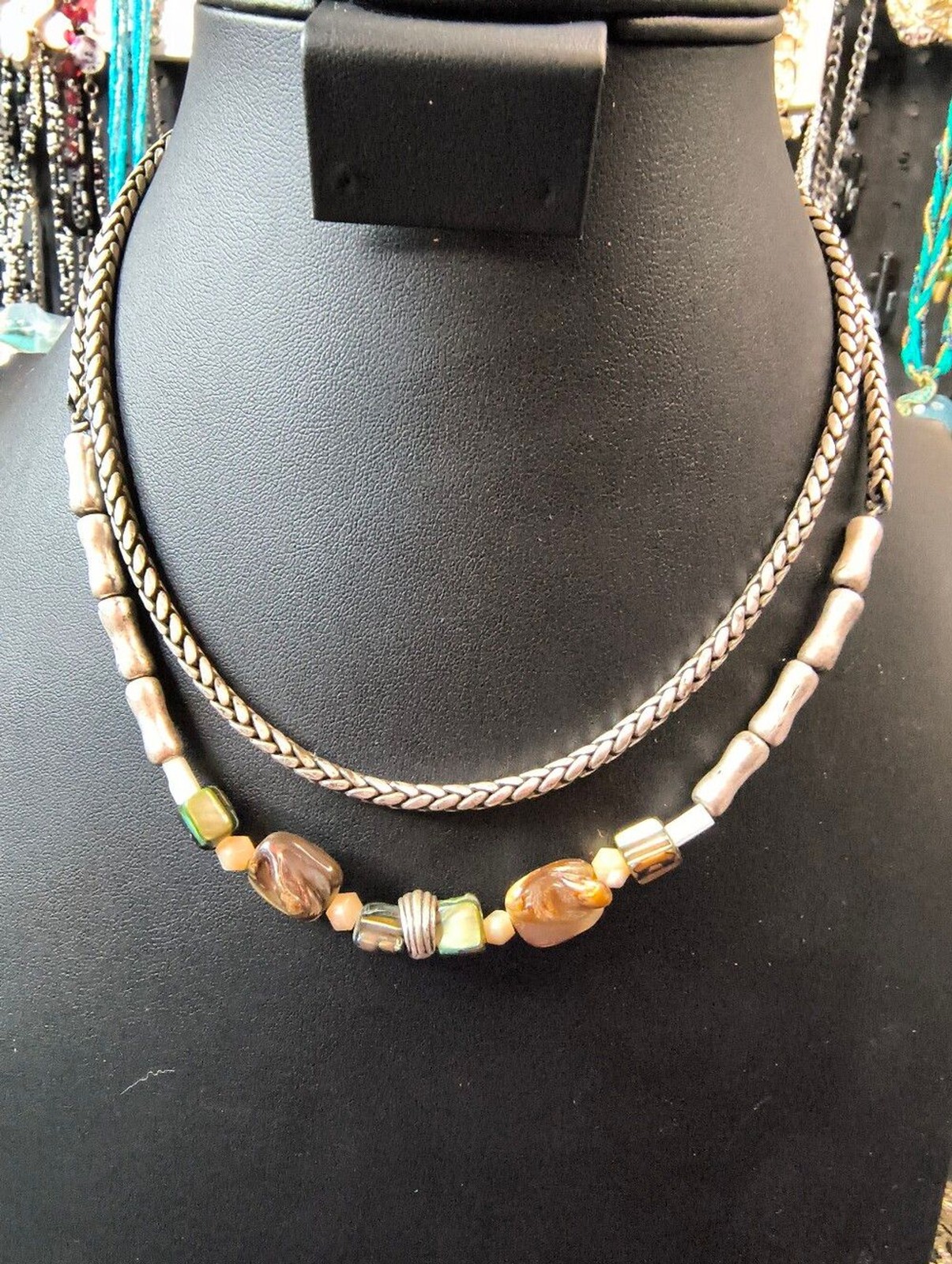 Vintage Chico’s Layered Abalone Mother of Pearl Necklace Silver Tone Boho Style