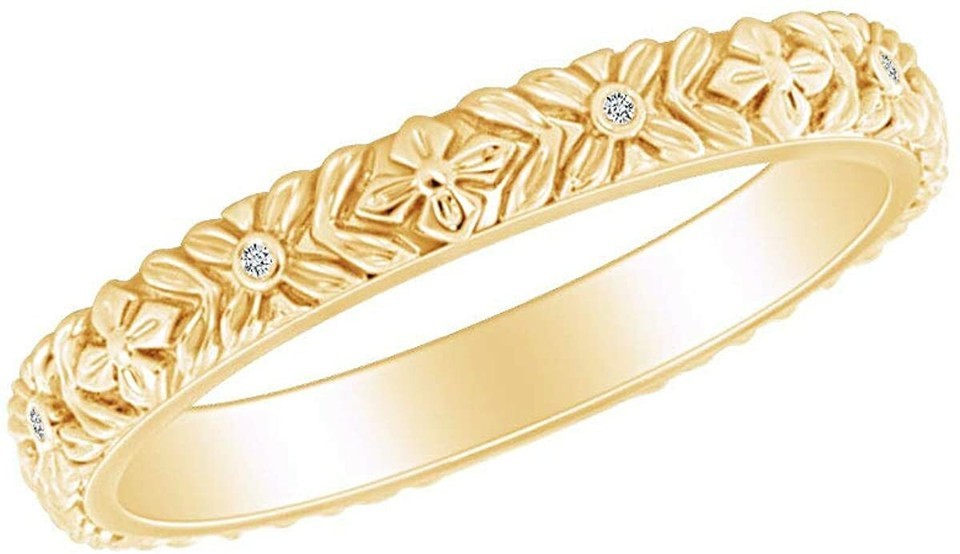 Round Natural Diamond Accent Bloom Stackable Wedding Ring 14k Sold Gold (1/50 Ct