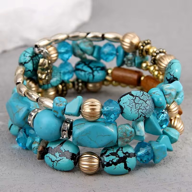Bohemian Turquoise Color Multilayer Bangles Handmade Beaded Bracelet Jewelry