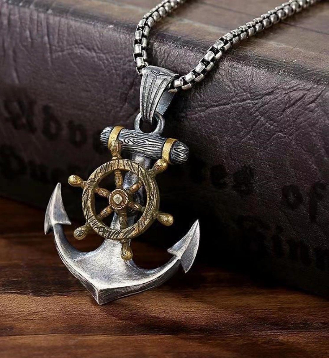 Vintage Men Silver Plated Two-tone Alloy Boat Anchor Pendant Box Chain Necklace