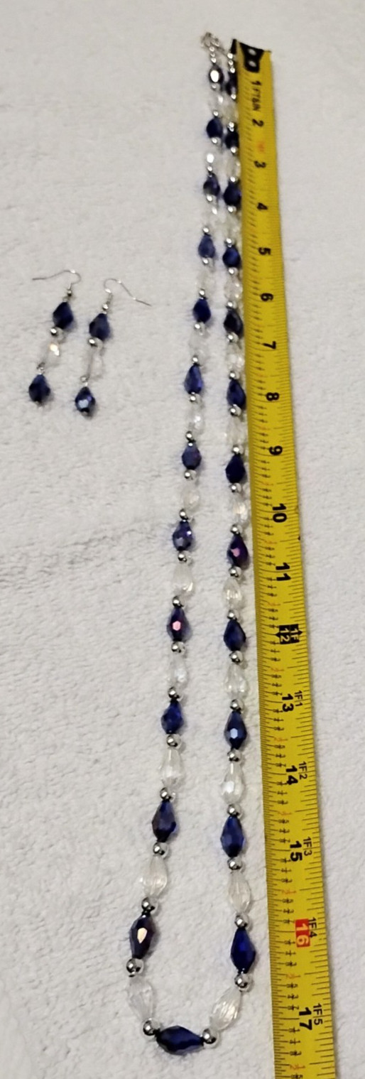 Handcrafted Jewelry 35″ Blue Clear Faceted Glass Teardrops Necklace Earring Set