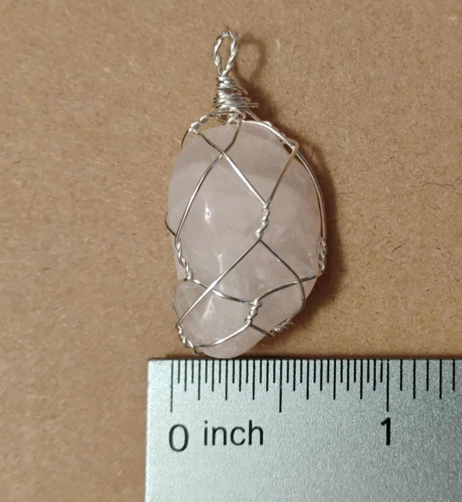 Natural Rose Quartz Crystal Pendant Hand-wrapped in Silver-coated Wire