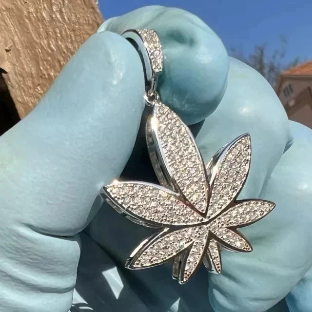 2Ct Round Cut Real Moissanite Marijuana Weed Leaf Pendant 14K Gold Plated