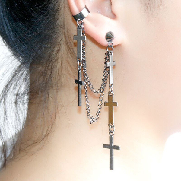 Gothic Punk Cuff Dangle Drop Cross Earrings-Long Chain Stud Tassel, Gift, Silver